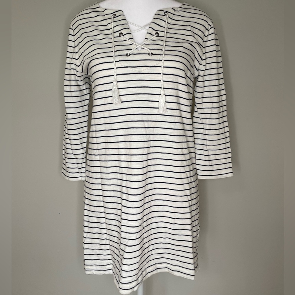 Boden 100% Cotton Navy and White Striped Tunic With Tassels 2